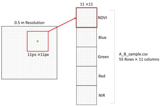 CNN 모델의 훈련 자료 구성 예시. 기존 RF 훈련 자료의 격자 위치를 중심으로 11 pixel X 11 pixel 크기의 이미지를 훈련 자료로 구성하였음. 파일명의 경우, A: class name, B: sample numbering임