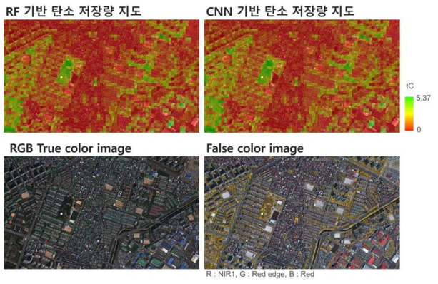 수원시 2차원 탄소저장량 지도 예시 및 WorldView-2 RGB 합성 영상