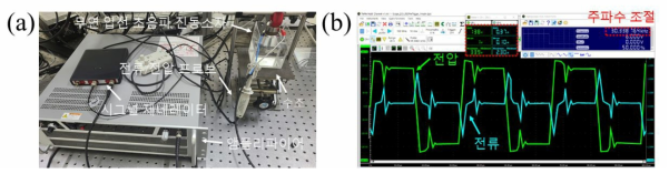(a) 실제 구축된 나노버블 발생 시스템, (b) 주파수 조절 팝업 및 전력 인가 시 실시간으로 측정되는 전압 및 전류 변화에 대한 그래프