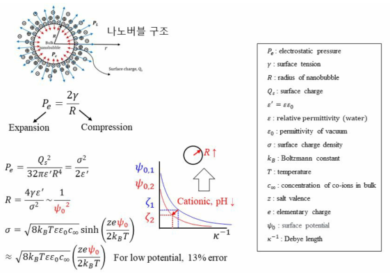 나노버블 구조를 결정하는 surface charge, 표면장력에 관한 이론식 (Soft matter, 14(47), 9643-9656, 2018. & The Journal of Physical Chemistry B, 120(7), 1291-1303, 2016.)