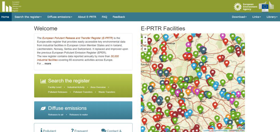 E-PRTR은 30,000여개가 넘는 산업시설의 정보를 공간적으로 제공함 (출처 : https://prtr.eea.europa.eu/)