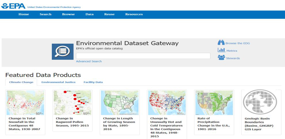 미국 환경보호국이 제공하는 통합 정보제공 플랫폼 및 제공되는 데이터의 예시 (출처:https://www.epa.gov/geospatial)
