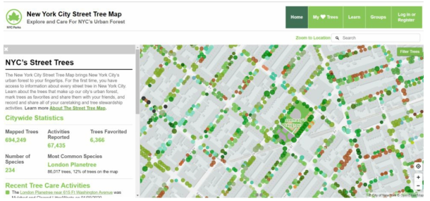 뉴욕시의 가로수 관리 플랫폼에서 제공하는 GIS 정보 (출처:https://tree-map.nycgovparks.org/)