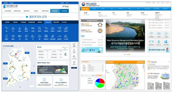 물환경정보시스템 (좌), 국가수자원관리종합정보시스템 (우) (출처: 물환경정보시스템, http://water.nier.go.kr/, 국가수자원관리종합정보시스템, http://www.wamis.go.kr/)