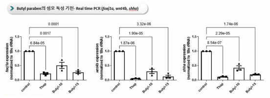 Butyl paraben이 섬모 발생 관련 유전자 발현에 미치는 영향을 qRT-PCR로 평가. 3 biological replicates. Thap = Thapsigargin 2 μM, Butyl-10 = Butyl paraben 10 μg/ml, Butyl-15 = Butyl paraben 15 μg/ml