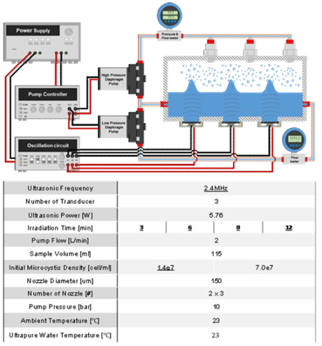 초음파 및 유체역학 방법별 최적 선정 조건을 복합적으로 적용한 대량 용액 순환 시스템에서 초기 농도 약 1.4e7개/ml의 마이크로시스티스의 가진 및 분사 시간에 따른 파쇄 특성 연구 시스템의 개략도 및 상세 정보