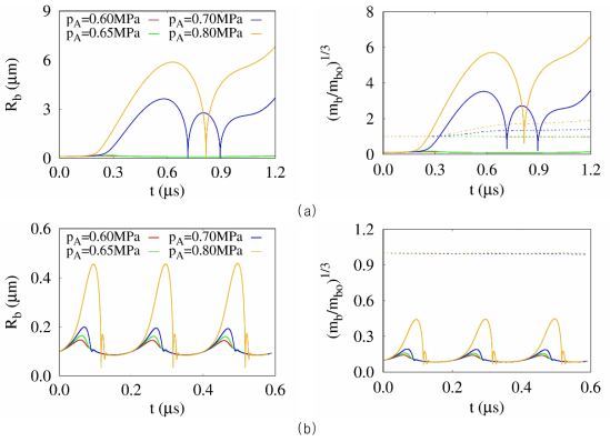 가진 주파수 및 압력 진폭에 따른 캐비테이션 버블( Rbo = 100 nm )의 반경 및 질량 변화(실선: mv , 점선: ma ): (a) f = 1MHz , (b) f = 5MHz