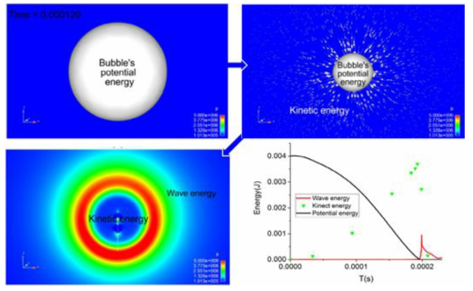 직경 2mm의 단일 버블의 붕괴시 충격파 에너지 전환 특성 수치 해석 결과