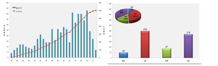 나노바이오센서 분야 국내외 지식재산권의 동향 그래프