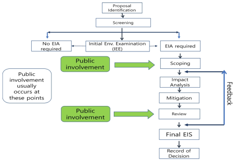 EIA 프로세스. 화살표는 문제가 발생할 경우 EIA에 대한 검토자의 피드백을 의미함