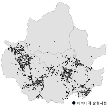 시민과학 데이터로 취득된 4,523개의 떼까마귀 위치 데이터와