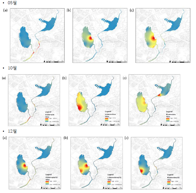 계절별 내성특성에 따른 분포파악(a : 얼록동사리, b : 블루길, c : 큰입배스)