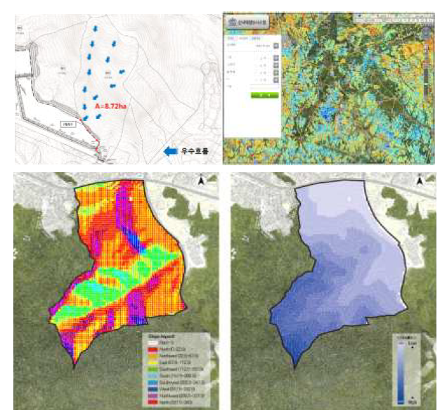 토사 유출 취약지역 선정 예시 (출처:Jeon, H., & Kang, J. (2020). GIS Based Assessment and Design for Areas Vulnerable to Soil Disasters: Case Study of Namhyeun-dong, South Korea. Sustainability, 12(6), 2516.)