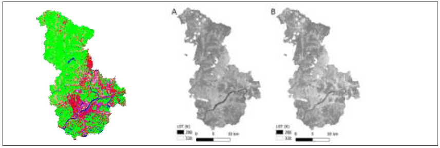 GIS를 활용한 세종시 내의 입지선정 과정 (좌) 세종시 토지분류 (우) 세종시 LST (Land Surface Temperature) & LSE (Land Surface Elevation)