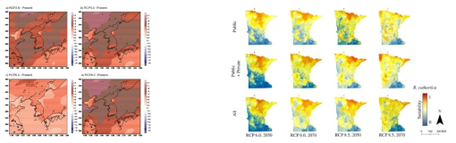 기후변화 시나리오(RCP)를 활용하여 한반도(Oh et al. 2013)와 미국 미네소타주 (Reinhardt, Jason R et al. 2020)의 기후변화 예측
