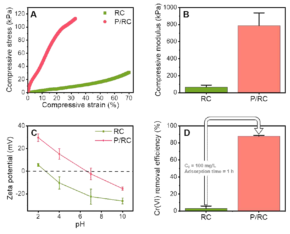 RC와 P/RC 하이드로겔의 (A) 압축 응력-변형 곡선, (B) 압축 modulus, (C) 제타 포텐셜, (D) 6가 크롬 제거 효율
