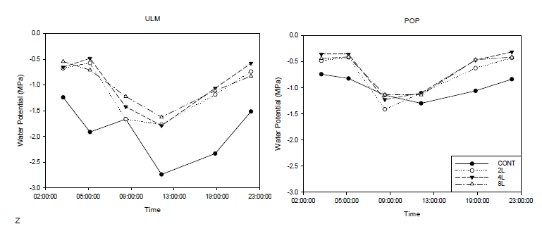 비술나무(위)와 포플러나무(아래)의 하루 중 시간에 따른 수분포텐셜(Mpa) 측정 결과
