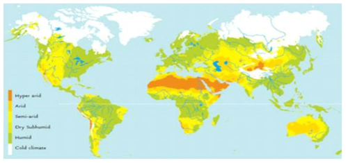 세계의 건조지대. 붉은색과 주황색은 건조지, 노란색은 반건조지.(Negash, 2004)