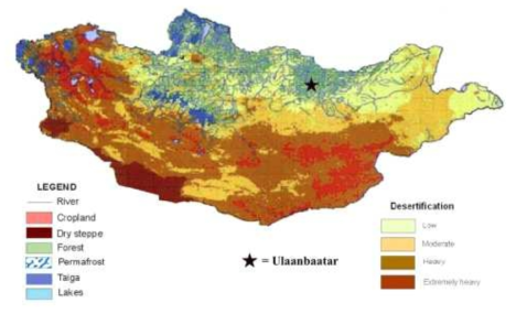 몽골의 사막화 분포. 황갈색과 붉은색이 사막화 지역 (Khaulenbek, 2007)
