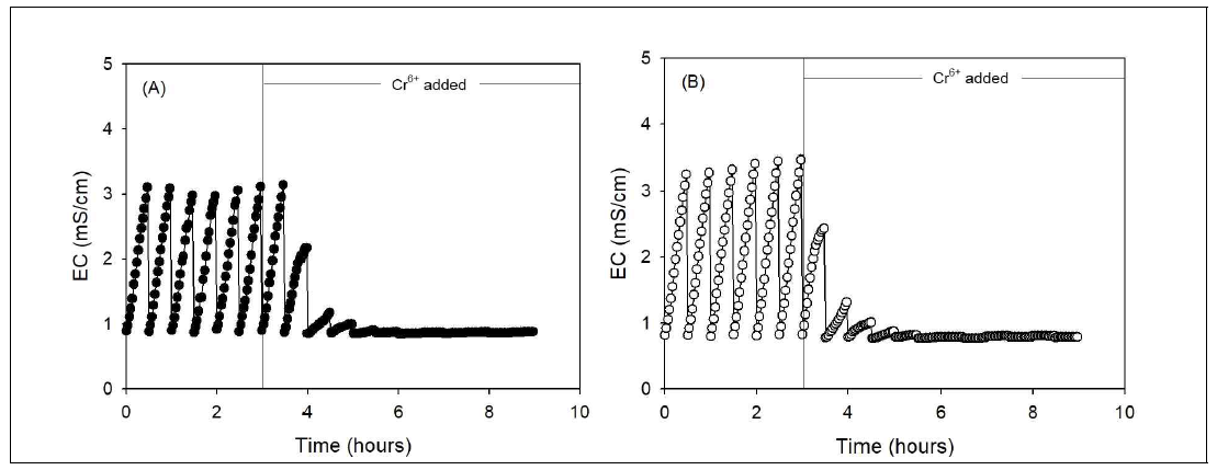6가크롬 10 mg/L ((A) R1, (B) R2)