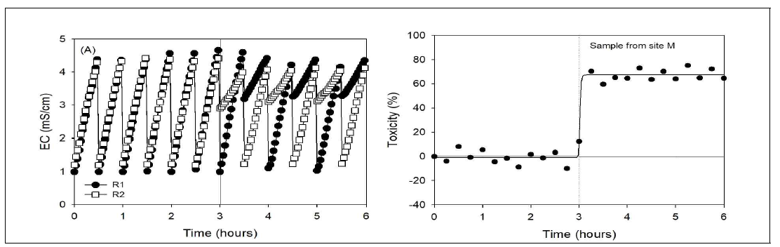 M 시료 유입에 의한 전기전도도 및 독성도 변화 ((A) 전기전도도, (B) 독성도)