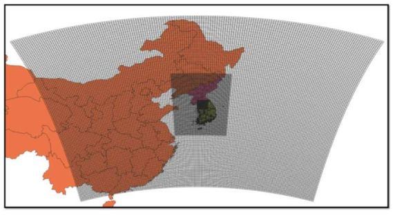 모델링 배출량 도메인 (27km, 9km, 3km)