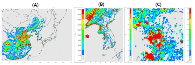 CMAQ용 PM2.5 배출량 자료 (A:27km 동아시아, B:9km 한반도, C:3km 수도권)