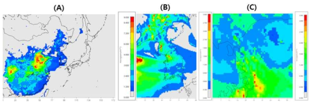 초미세먼지 CMAQ 모사 결과 (A:27km 동아시아, B:9km 한반도, C:3km 수도권)