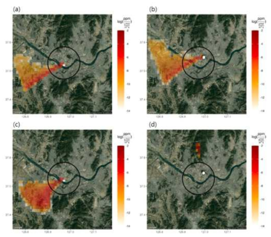 (a), (b) 총 연구 기간 (2019년 7월 9일 – 9월 30일) 낮 시간 동안 Weather and Research Forecasting-Stochastic Time-Inverted Lagrangian Transport (WRF-STILT) 모델을 통해 얻어진 YSB(별 모양), NST(원 모양)의 평균적인 footprint. (c), (d) 총 연구 기간 밤 시간 동안 WRF-STILT 모델을 통해 얻어진 YSB(별 모양), NST(원 모양)의 평균적인 footprint. Footprint 값이 클수록 관측지의 이산화탄소 농도에 미치는 영향이 커짐. 검정색 원은 YSB 관측지로부터 반경 10km를 나타내며, 서울 행정구역이 포함됨