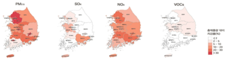 한국환경정책·평가연구원에서 제시한 고농도 미세먼지 대응 비상저감조치로 인한 지역별·물질별 배출 저감률