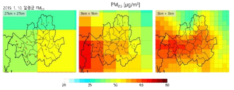 서울에서의 다중규모(27km-9km-3km) 모의의 관측소 대표성 예시