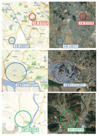 계절별 경기권 배출원 밀집지역에 대한 NH3 및 BC 측정장소 (위: 경기도 수원시, 가운데: 경기도 안산시, 아래: 경기도 용인시)