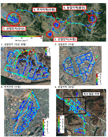 경기권 배출 지역별 BC 농도 지도 (위: 전체 실험 경로의 BC, 아래: 배출 지역별 확대된 BC 지도