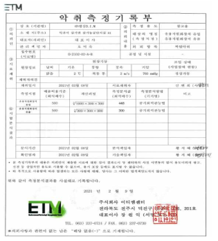 1,000kg급 음식물류폐기물 처리기 악취 성적서