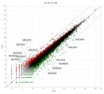 표고 생육 온도변화 간의 DEG scatter plot LE_10, Fruit body of oak mushroom harvested in growth temperature 10℃; LE_20, Fruit body of oak mushroom harvested in growth temperature 20℃