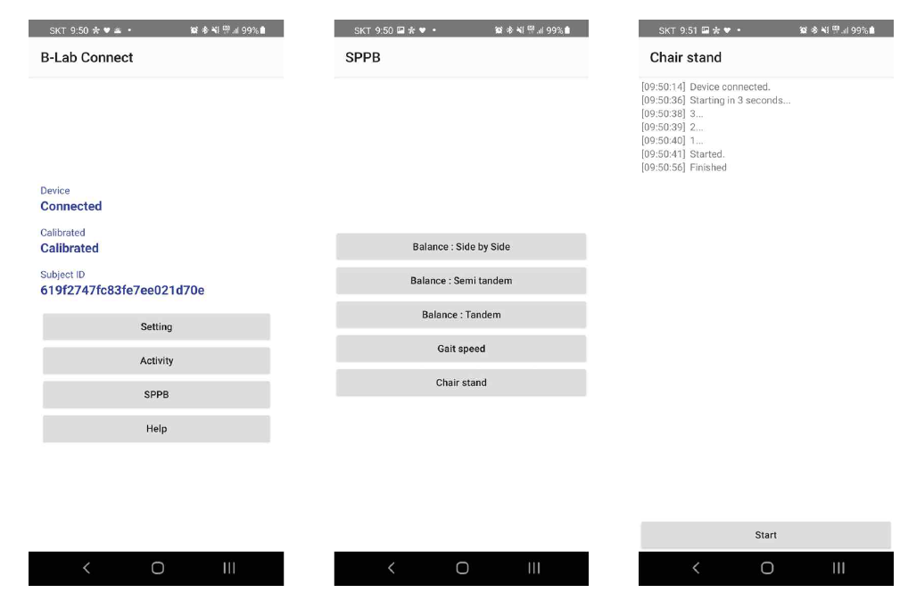 SPPB 검사용 사용자 앱 인터페이스: 메인 화면(좌), SPPB 테스트 선택 화면(중), SPPB 테스트 중 Chair stand test 화면(우)