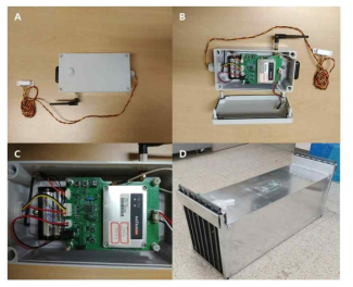 개발한 원격무선 발신 장치 (A, B), 내부 구조 (C)와 뉴트리아 포획장치 (D)