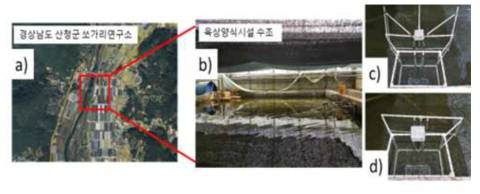 a) 육상양식시설 위치, b) 양식장 내부 수조 및 생태 트랩의 윙 구조물이 c) 있는 d) 없는 조건에 따른 제거효율 평가 실험 준비