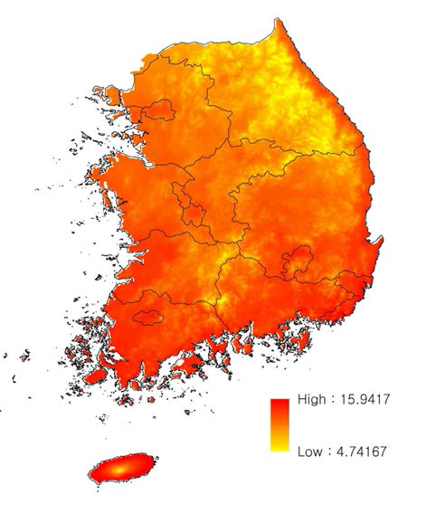 Worldclim 2.0의 우리나라 연평균기온(Bio1)