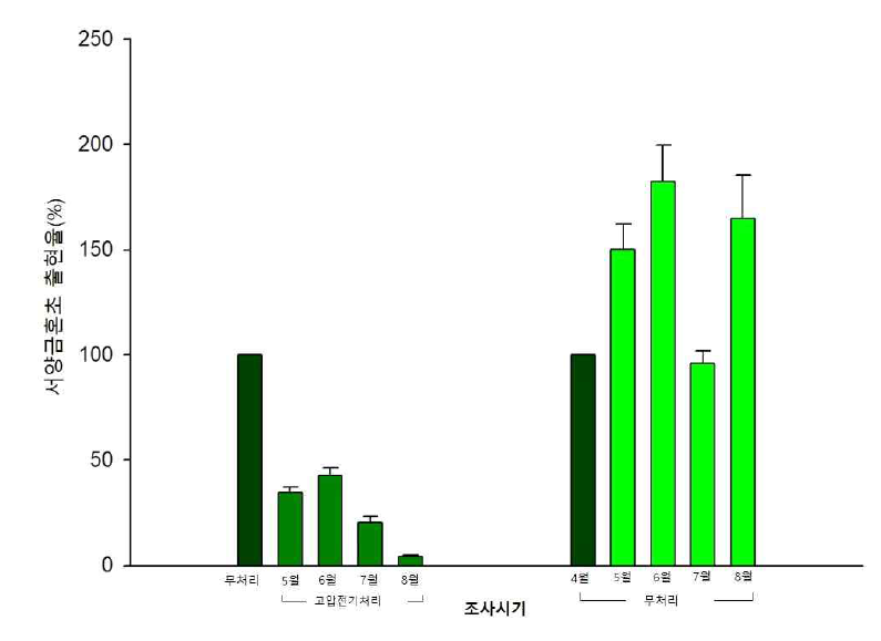 4월 고압전기살초처리 후 서양금혼초 출현율