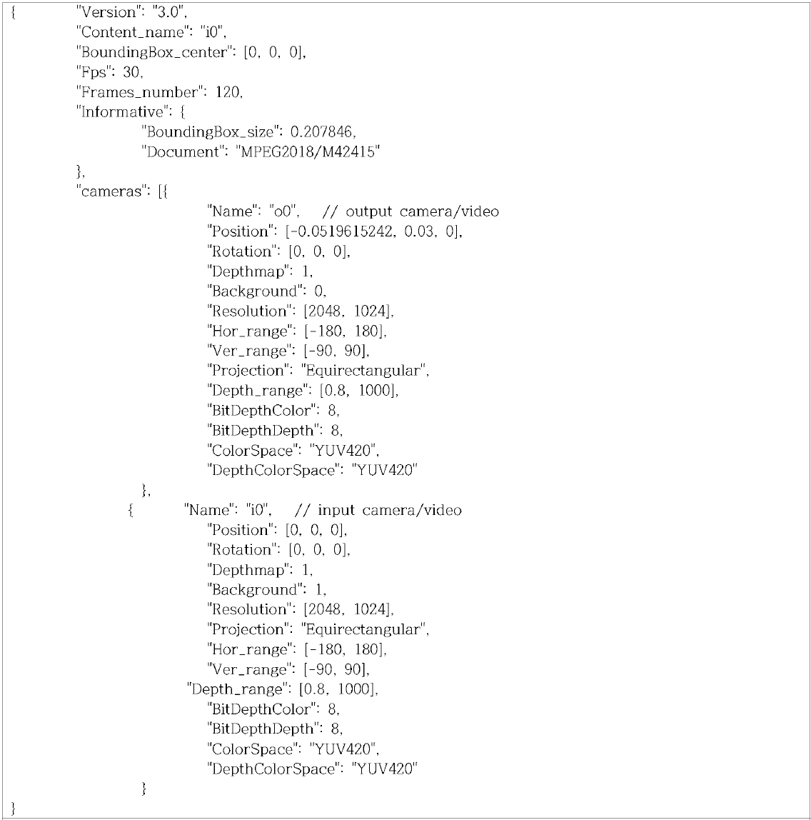 입력영상의 카메라 정보 포맷 예: camera.json