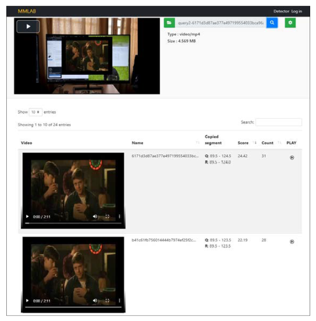 비디오 부분 복사 검출을 수행하는 HTML-5 Web 브라우져 어플리케이션의 실행화면