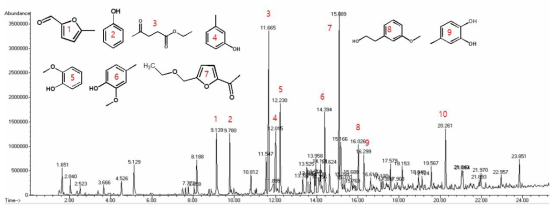 실험실급 연속 반응장치에서 리그닌의 액화반응으로부터 생산한 액상 바이오연료의 GC-MS 분석결과 (CSAH 리그닌 20wt%, 용매; 에탄올:물 = 70:30, 350℃, 300bar, 무촉매)