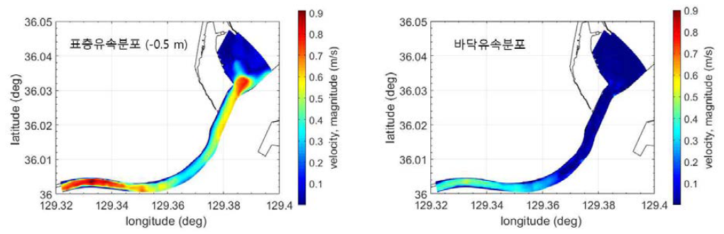 형산강 하류에서의 표층과 저층의 유속 분포