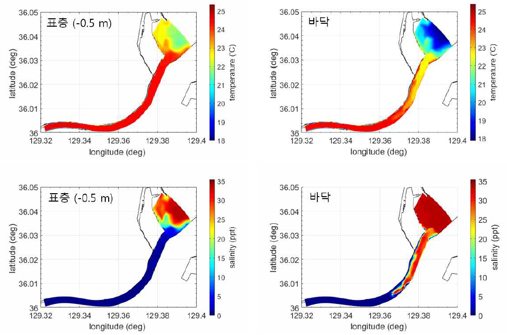 형산강 하류에서의 표층과 저층의 수온(위)/염분(아래) 분포