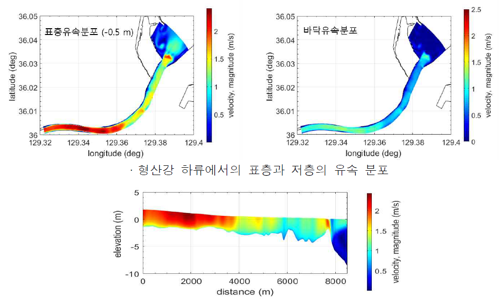 형산강 하류에서의 종방향 유속 분포