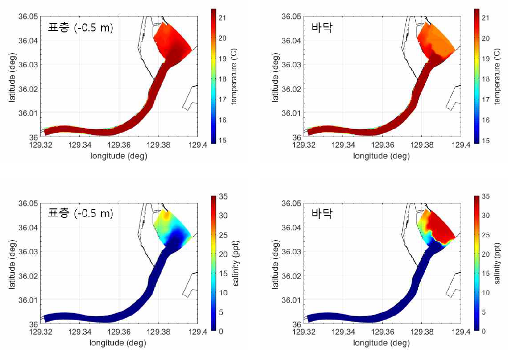 형산강 하류에서의 표층과 저층의 수온(위)/염분(아래) 분포