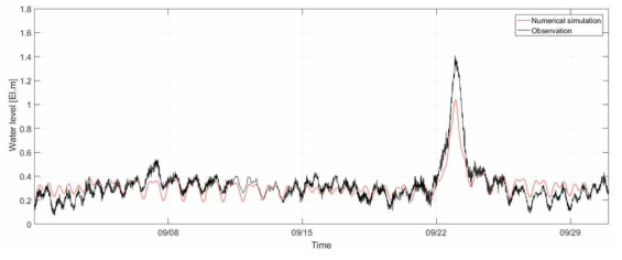 대송 수위관측소 짓점에서의 수위변동 관측 자료와 수치모의 결과 비교