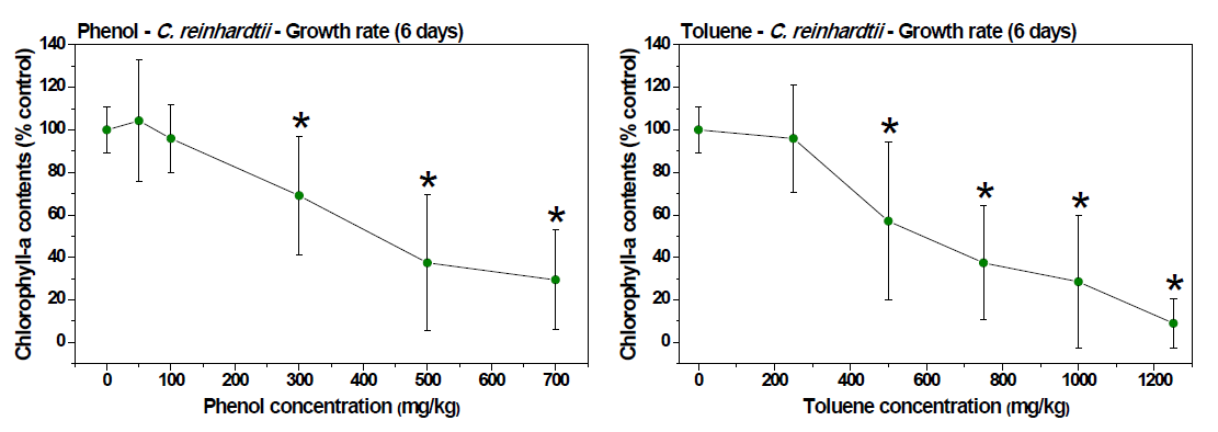 C. reinhardtii 의 페놀(좌) 및 톨루엔(우)의 급성 및 만성 실험 결과