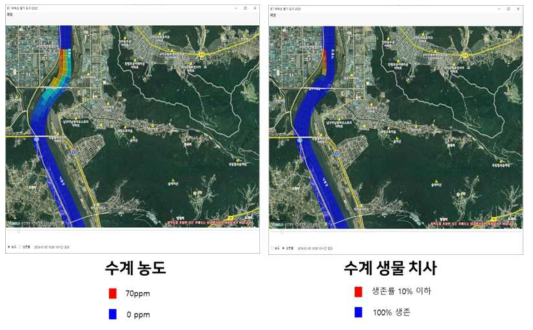 누출 시작 10시간 후 수계 내 페놀농도 및 수계 생물 치사율 수치